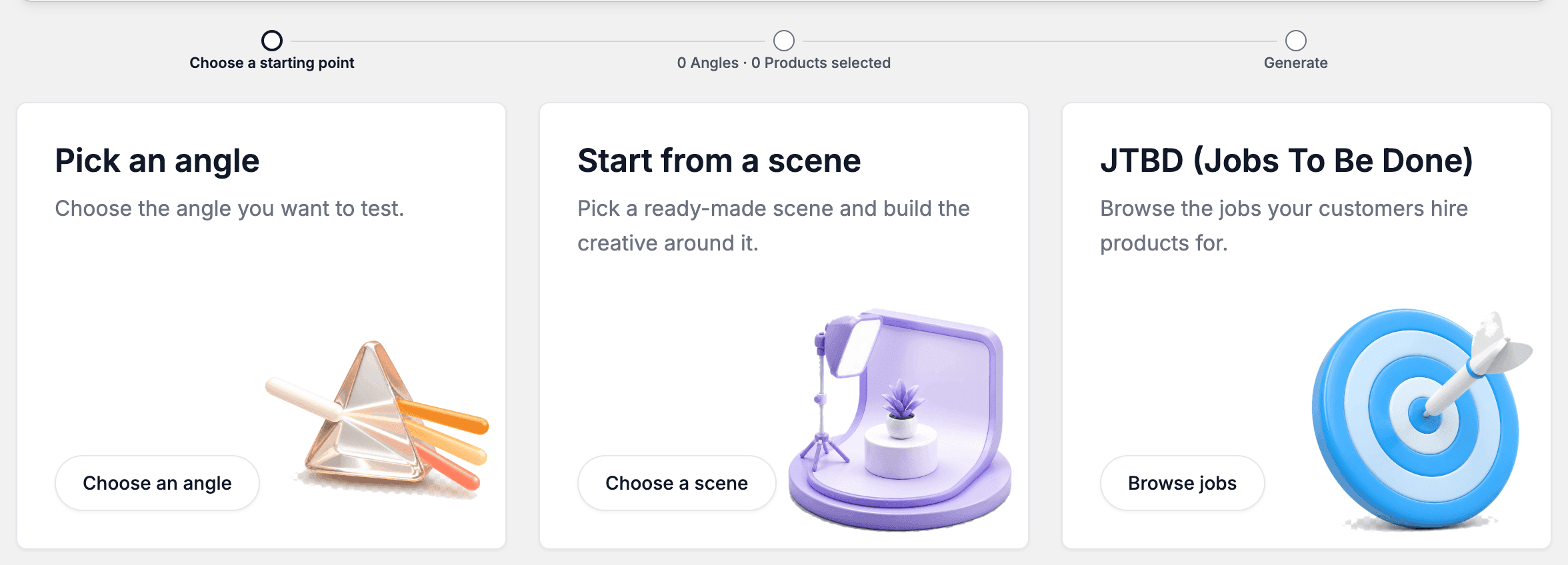 The first wizard screen, "What are you starting from?", with the Pick an angle, Start from a scene and JTBD cards.