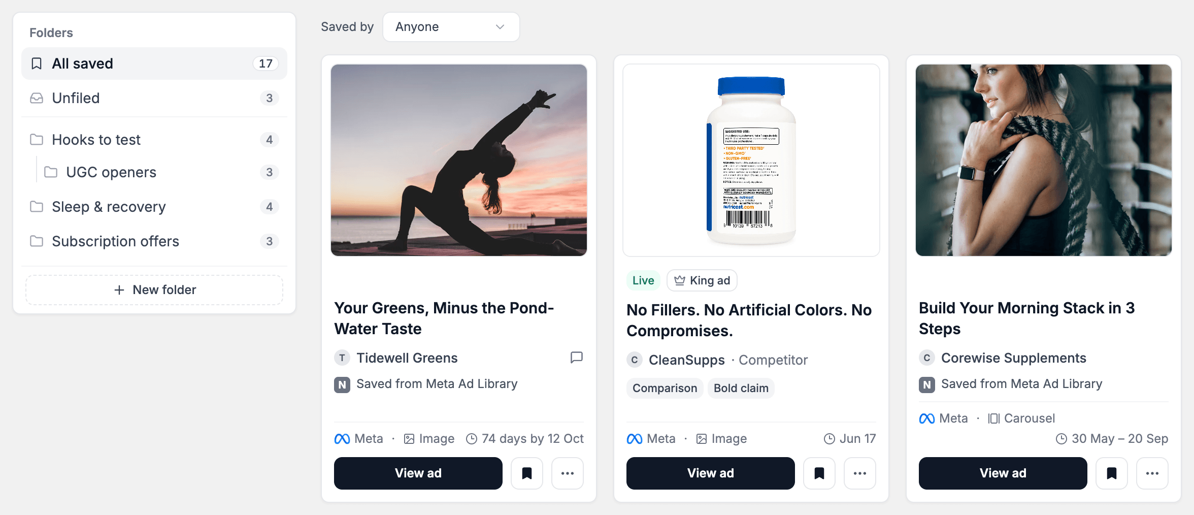 The Saved tab with the Saved by select above the ads and a card that reads Saved from Meta Ad Library under the brand.