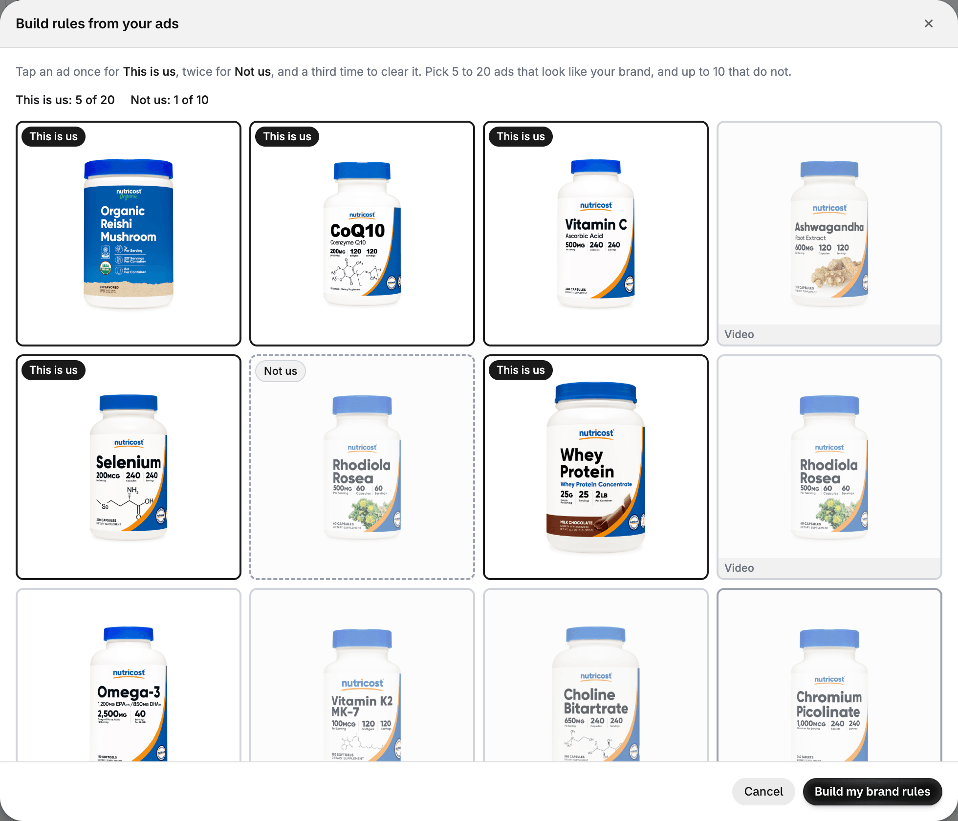 The Build rules from your ads window with five ads marked This is us and one marked Not us.