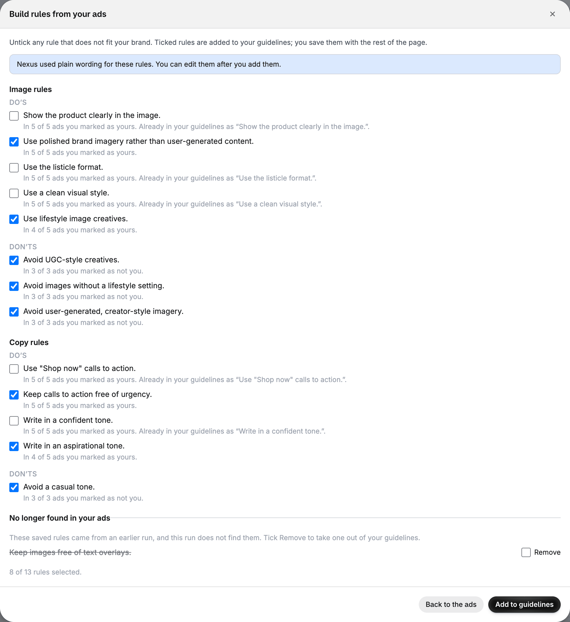 The review step with image and copy do's and don'ts, each with a line of evidence under it.